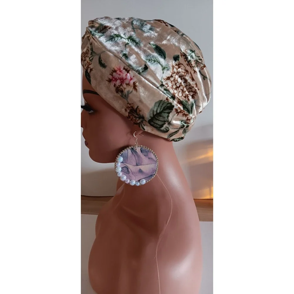 Brown Floral Velvet Front Twist Modest Bohemian Headpiece Hijab Cap Turban